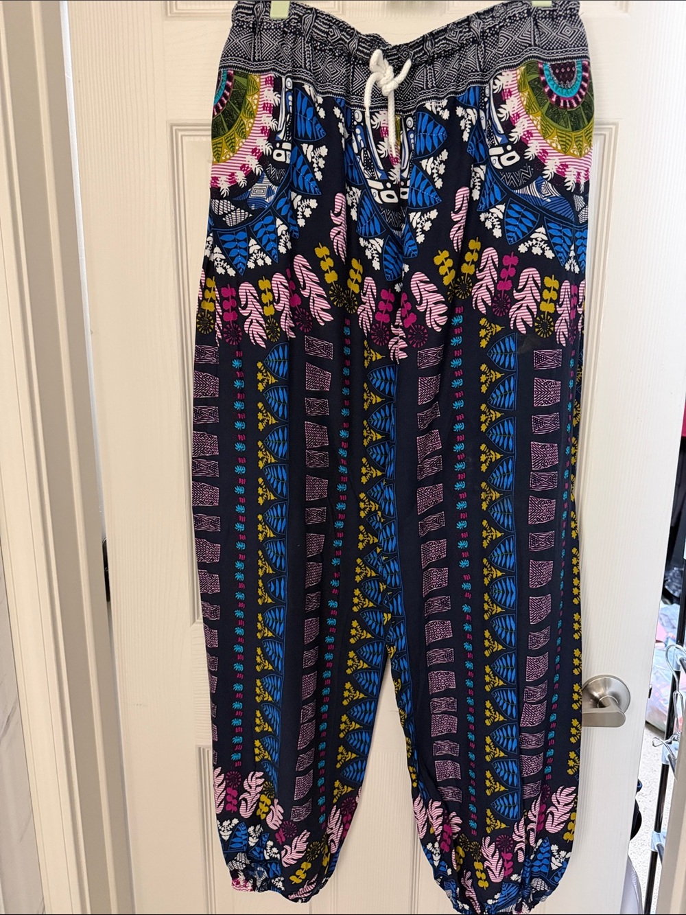 Boho Printed Harem Joggers in Navy with Pink & Blue Accents